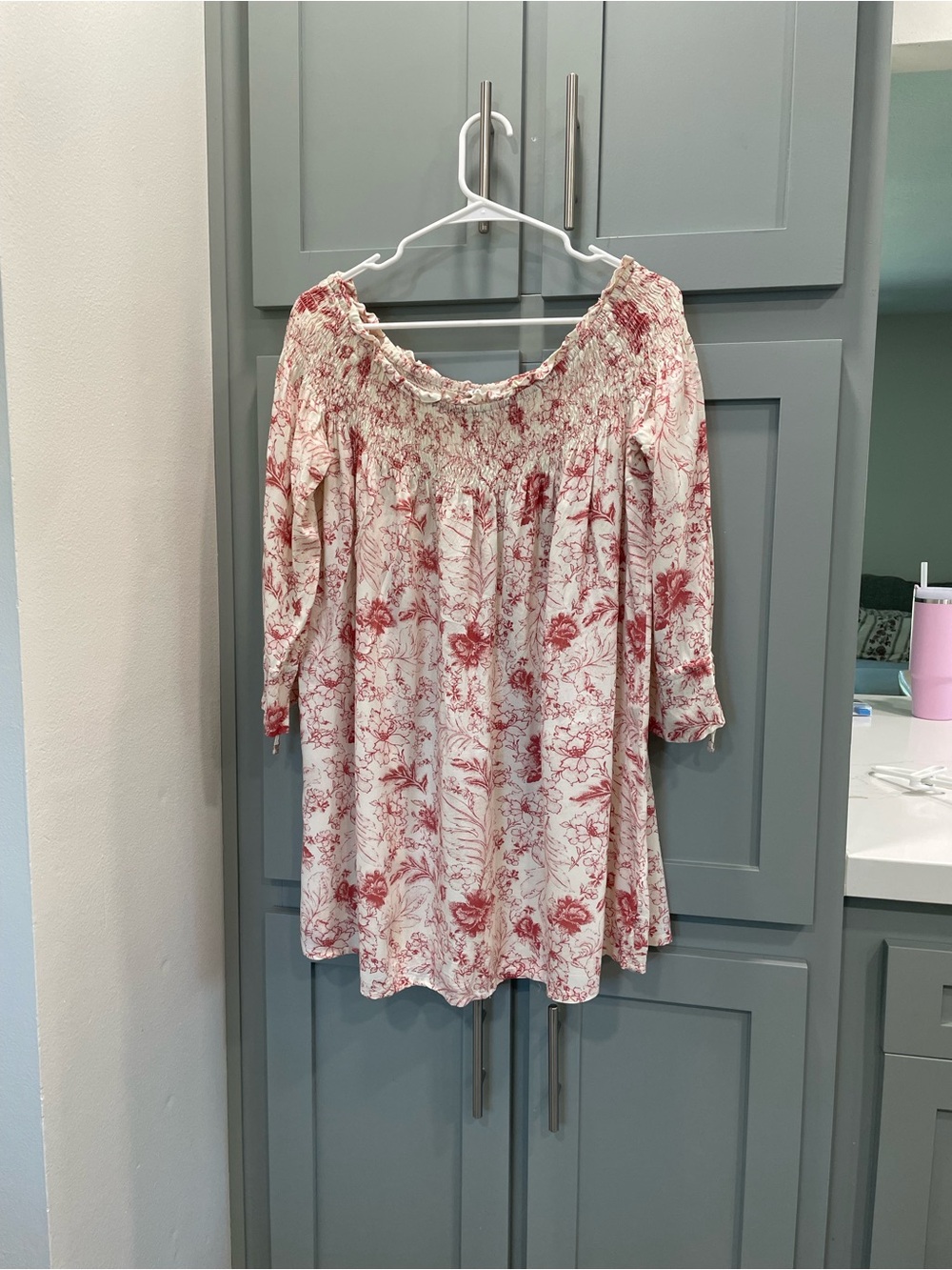 Off-Shoulder Floral Peasant Tunic Top - Cream with Red Print